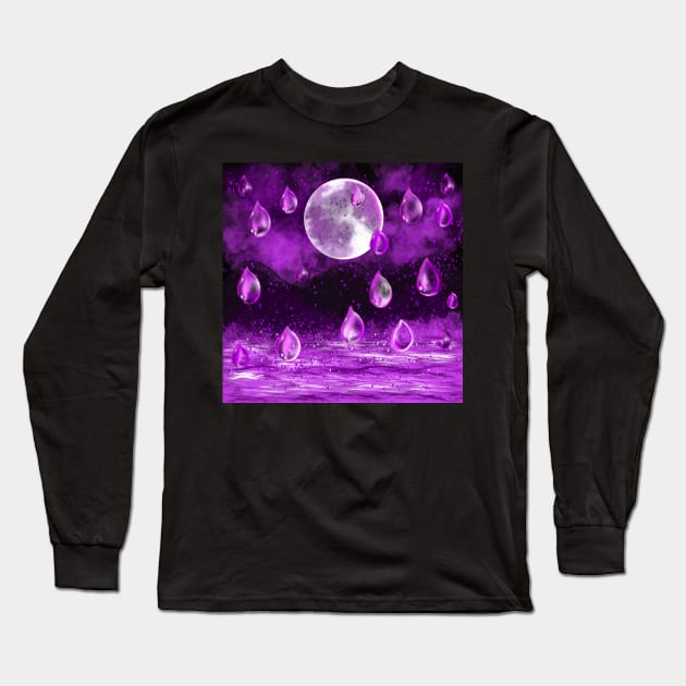 Full moon in the rain, purple midnight landscape with raindrops falling into Water Long Sleeve T-Shirt by Artonmytee